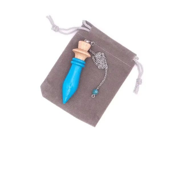 Pendule divinatoire modèle Sirius en bleu turquoise avec chaînette et pochette en velours